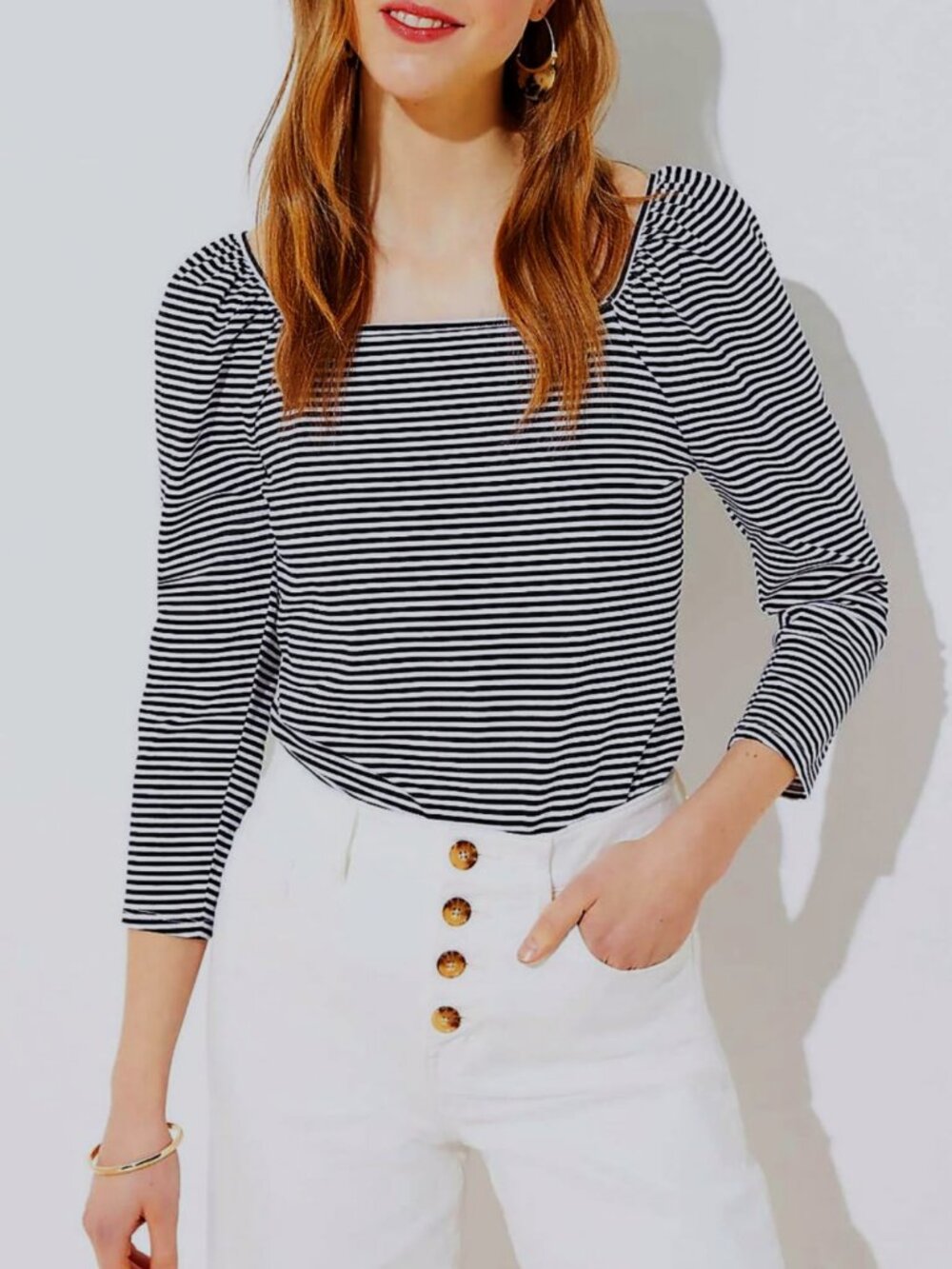 LOFT Black & White Striped Square Neck Puff Sleeve 3/4 Sleeve Tee